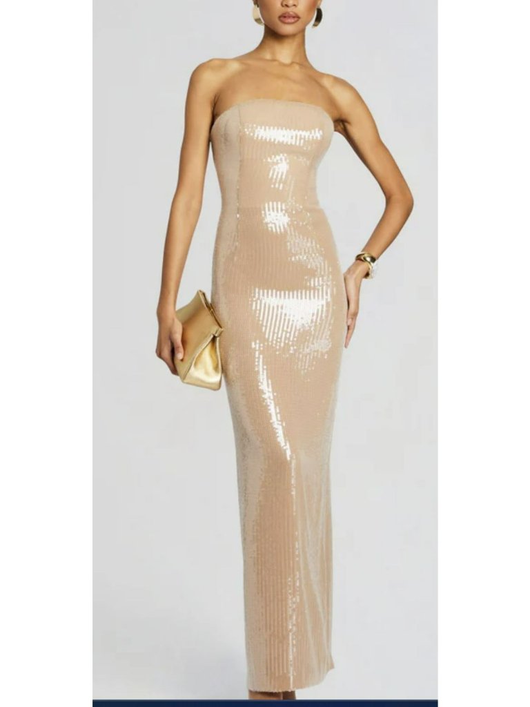 New Retrofete Sequin Ember Strapless Nude Latte Maxi Gown Dress Small